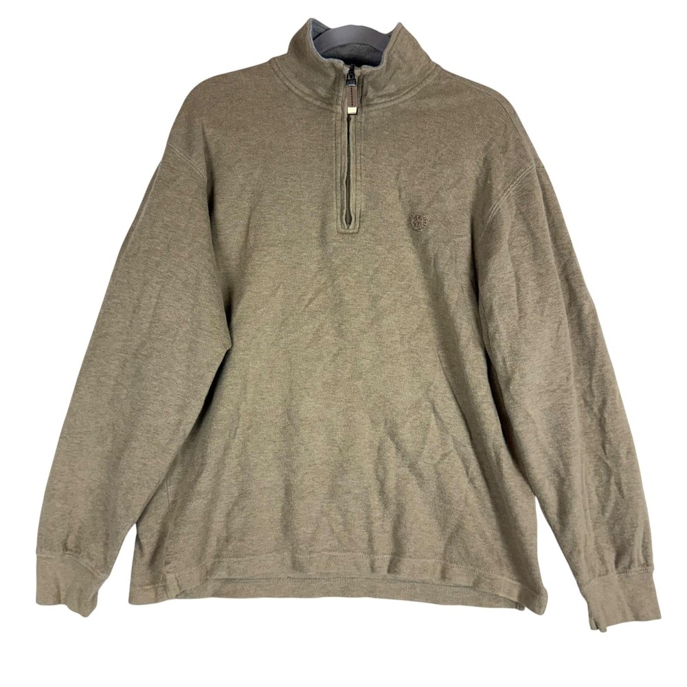 IZOD Sweater Mens Medium Beige 1/4 Zip Mock Neck Cotton Knit Pullover Casual